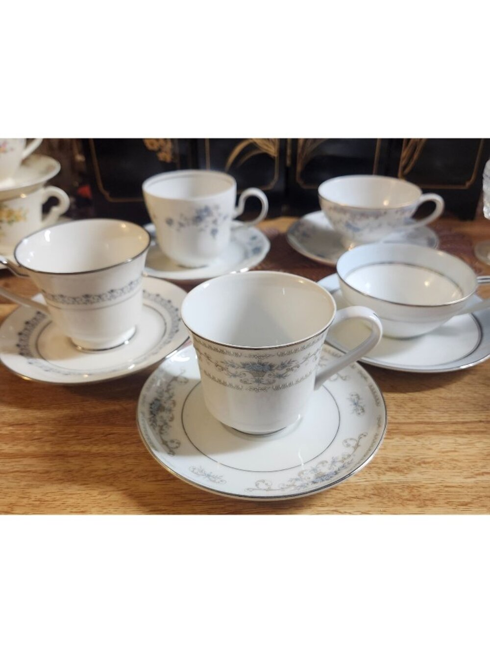 Mismatched China Tea Cups & Saucers Blues 5 Sets Floral Porcelain